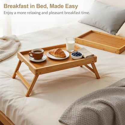 Breakfast Tray with Folding Legs Set of 2, Bamboo Bed Tray Table 15.7" Foldable TV Dinner Tray with Ergonomic Wave Handles for Bed Couch Sofa, Breakfast, Snacks, Coffee, Natural - color: Natural, size: Medium