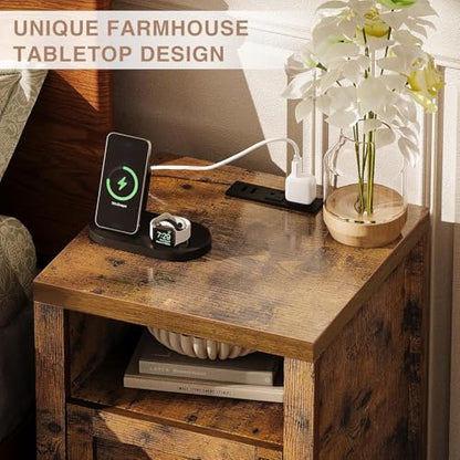 oneinmil Farmhouse Nightstand with Charging Station, Couch Side Table Set of 2, Bedside Table with Storage Space, End Tables with Barn Door, Bed Side Tables for Living Room and Bedroom, Rustic Brown - color: Brown