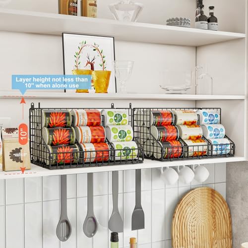 JKsmart 2 Pack Stackable Can Rack Organizer for Pantry Storage,Can Dispensers with 4 Adjustable Dividers, 2-Tier Metal Wire Basket Beverage Pop Soda Rack for Kitchen Cabinet Pantry, Black - size: L-(2 pack)