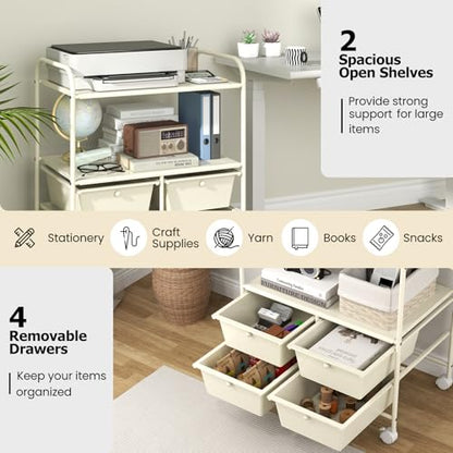RELAX4LIFE Rolling Storage Cart with 4 Drawers - Utility Cart on Wheels w/2 Shelves & Metal Frame, Paper Scrapbook File Organizer for Home Office School Classroom, Movable Art Craft Cart (White) - color: White