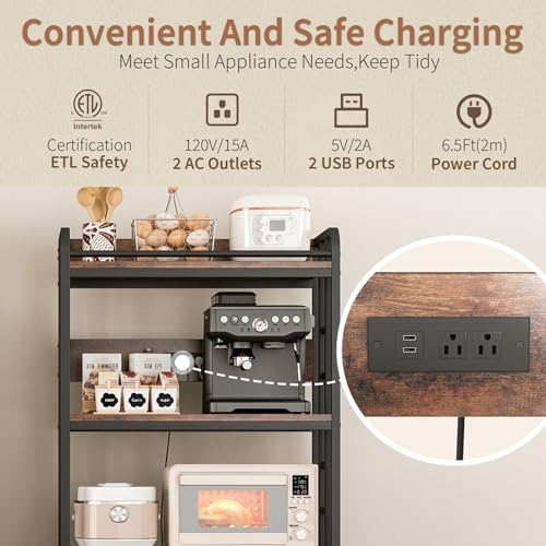 METYERRY Adjustable 4-Tier Heavy Duty Kitchen Baker's Rack with Power Outlet, with Industrial Wheels, Free Standing Microwave Oven Cart Stand for Storage in Living Room, Garage, Rustic Brown - color: Rustic Brown