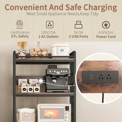METYERRY Adjustable 4-Tier Heavy Duty Kitchen Baker's Rack with Power Outlet, with Industrial Wheels, Free Standing Microwave Oven Cart Stand for Storage in Living Room, Garage, Rustic Brown - color: Rustic Brown