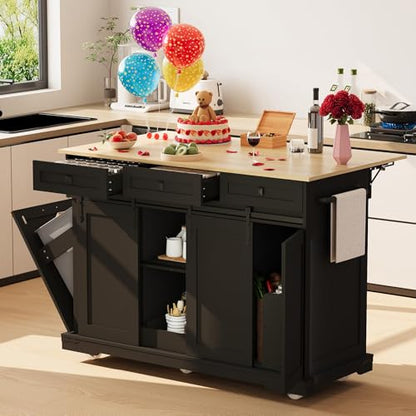 Garvee 54" Kitchen Island with Drop Leaf & Power Outlet, Black | Large Rolling Cart with Trash Cabinet, 2 Sliding Barn Doors, 3 Drawers Mobile Island Table with Spice Rack & Towel Rack - color: Black