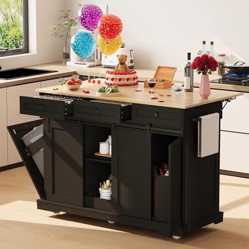Garvee 54" Kitchen Island with Drop Leaf & Power Outlet, Black | Large Rolling Cart with Trash Cabinet, 2 Sliding Barn Doors, 3 Drawers Mobile Island Table with Spice Rack & Towel Rack - color: Black