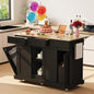 Garvee 54" Kitchen Island with Drop Leaf & Power Outlet, Black | Large Rolling Cart with Trash Cabinet, 2 Sliding Barn Doors, 3 Drawers Mobile Island Table with Spice Rack & Towel Rack - color: Black