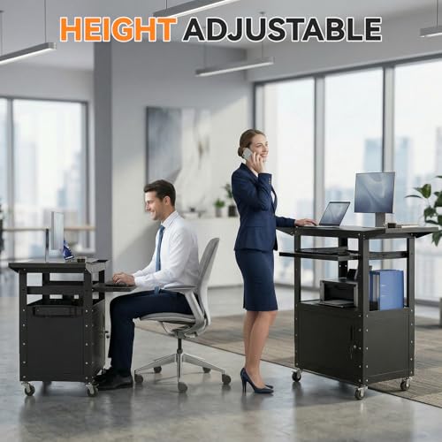 Mobile AV Cart with Drop Leaves & Adjustable Height, Rolling Computer Cart with Pullout Keyboard Tray – Locking Cabinet, 3 Outlets&2 USB Ports, Lock Brake Casters, Utility Cart for Office/Classroom - size: Style 3 18"D x 24"W x 43.3"H