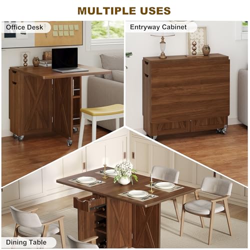 52.7" Folding Dining Table with 6 Wheels, Foldable Dining Table with Drawer, Shelves and Wine Racks, Drop Leaf Table for Small Spaces, Suitable for Kitchen, Dining Room, Apartment (Walnut) - color: Walnut