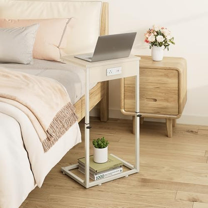 Vagusicc C Shaped End Table with Charging Station, Adjustable Height Side Table for Couch, Small Side Table, 33.2'' Tall Couch Tables that Slide Under, Tv Tray End Table for Living Room, Beige - color: Beige (1 Pack), style: With Plug