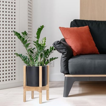 D'vine Dev Plastic Pot with Natural Wood Stand, Black, 8 in, 55-C-J-2 | Mid-Century Inspired Design, Elevated Plant Display, Clean Lines, Sturdy Support, Modern Space-Saving Style - color: Matte Black Pot + Natural Stand, size: 8 Inch
