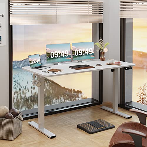 Furmax 55 Inches Electric Height Adjustable Standing Desk Home Office Desk | Large Sit Stand Up Computer Desk Memory Preset with T-Shaped Metal Bracket, White - color: White, size: 55 Inch