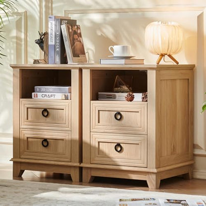 Joaxswe 18" Farmhouse Night Stand with Charging Station, 2 Drawers Bedside End Table, Natural Wooden Nightstand, Bed Side Table Cabinet with Open Shelf for Bedroom Living Room Office - color: Natural Set 1, size: 2 Drawers