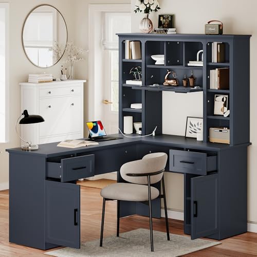 L-Shaped Home Executive Desk with 2 Cabinets and 2 Drawers, Computer Desk with Power Outlet, 11 Open Shelves and 1 Right Flip Shelf with Storage for Study, Living Room and Office (Antique Blue-02) - color: Antique Blue-02