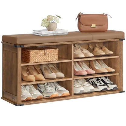 VASAGLE LIRY Collection - Shoe Storage Bench with Removable Cushion, Shoe Rack with Padded Seat, Entryway Bench with 6 Open Compartmens, Adjustable Shelves, Honey Brown ULSB105K01 - color: Honey Brown, size: 12.2"D x 40.2"W x 20"H