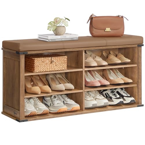 VASAGLE LIRY Collection - Shoe Storage Bench with Removable Cushion, Shoe Rack with Padded Seat, Entryway Bench with 6 Open Compartmens, Adjustable Shelves, Honey Brown ULSB105K01 - color: Honey Brown, size: 12.2"D x 40.2"W x 20"H