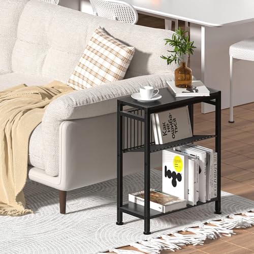Side Table for Small Spaces, Narrow End Table with Adjustable V-Shaped Magazine Rack, 7.1"D x 17"W x 21.7"H, Black - color: Black, size: 1-pcs