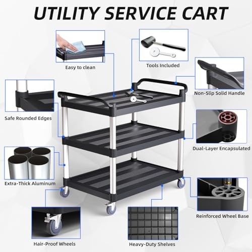 Utility Cart with Tangle-Free Wheels, Large Size 3 Tier Restaurant Cart | 2 with Brakes, Heavy Duty 450 Lbs Capacity,Commercial Serving Cart for Home, Office, Restaurant, Warehouse. - size: 40"×20"×38" L