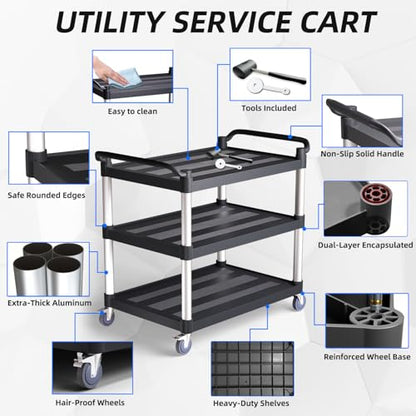 Utility Cart with Tangle-Free Wheels, Large Size 3 Tier Restaurant Cart | 2 with Brakes, Heavy Duty 450 Lbs Capacity,Commercial Serving Cart for Home, Office, Restaurant, Warehouse. - size: 40"×20"×38" L