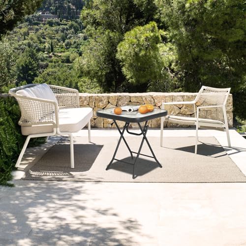 Folding Outdoor Side Table -Patio End Bistro Tables Portable Small 17.5" Square Tempered Glass Top Waterproof Dining Coffee Metal Black - color: Transparent-square