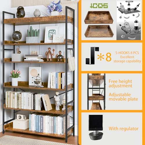 HCHQHS Bookshelf, Adjustable Industrial Bookcase, Vertical Tall Book Shelf, Wood and Black Metal Open Bookshelves for Home Office, Living Room, Bedroom (Rustic Brown, 6-Tier (31" W x 70" H)) - color: Rustic Brown, size: 6-Tier (31"W x 70"H)