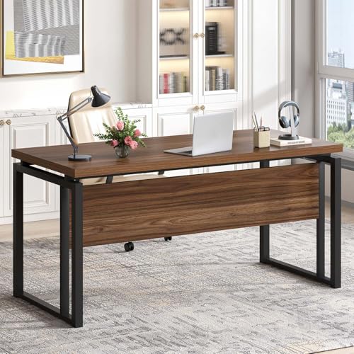 EXCEFUR Home Office Desk, Modern Computer Desk for Workstation, Wood Metal Executive PC Laptop Study Writing Table for Living Room, 53 Inch, Rustic Walnut - color: Walnut
