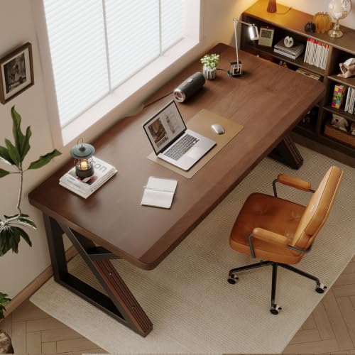 63" Extra Long Solid Wood Computer Desk, Simple Modern Real Wood Office Desk with Thickened Desk, Farmhouse Executive Workstation for Home Office, Writing Table for Office (Walnut, 63") - size: 63"