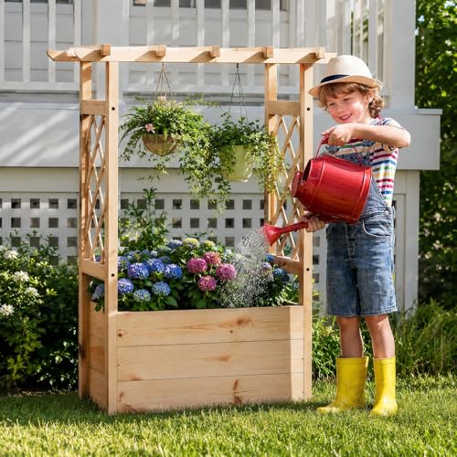 Giantex Raised Garden Bed with Sided Trellis & Hanging Roof, Wood Planter Box, Freestanding Garden Planter Raised Bed for Flowers Herbs Climbing Vines 31”x16”x41” (L x W x H) - color: Natural, size: 31”x16”x41”