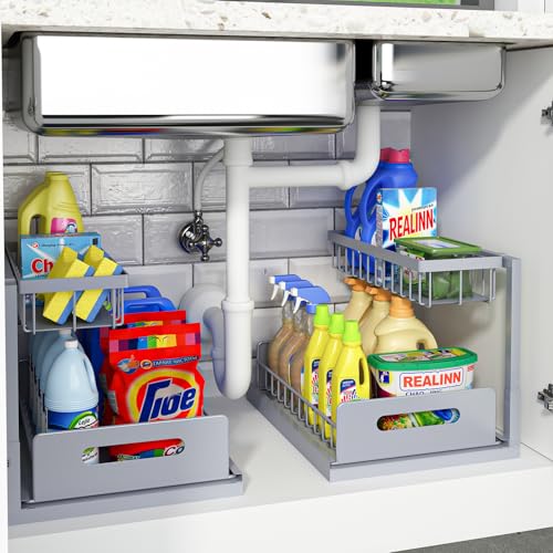 REALINN Under Sink Organizer, Pull Out Cabinet Organizer 2 Tier Slide Out Sink Shelf Cabinet Storage Shelves, Storage for Kitchen Bathroom, Grey, 2 Pack | For Kitchen and Bathroom, Slide Out Under Cabinet Storage, Metal Under Sink Storage with Sliding Dra