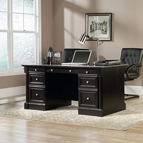 Sauder Palladia Office Desk with Drawers, Executive Desk with File Cabinet Storage, Cable Management, Keyboard Tray, in Wind Oak Finish - color: Wind Oak