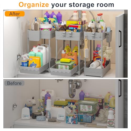 Sevenblue 3 Pack Under Sink Organizers, 2-Tier Multi-Use Kitchen and Bathroom Organizers and Storage with Sliding Drawers, Bathroom Cabinet Organizer (Gray, 14.8 Inch) | Multi-use kitchen & bathroom storage, 14.8 inch gray cabinet organizer, space-saving