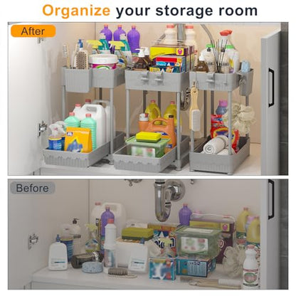 Sevenblue 3 Pack Under Sink Organizers, 2-Tier Multi-Use Kitchen and Bathroom Organizers and Storage with Sliding Drawers, Bathroom Cabinet Organizer (Gray, 14.8 Inch) | Multi-use kitchen & bathroom storage, 14.8 inch gray cabinet organizer, space-saving