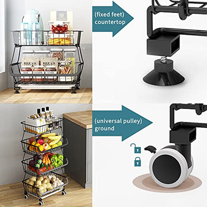 Metal Wire Baskets with Wheels, Stackable Storage Bins Kitchen Organizer Shelf 3-4-5-6 Tier Fruit Vegetable Cart Dishes Seasonal Rack Shelves for Garage, Pantry, Bathroom - size: 6 Tier without Slide Drawer