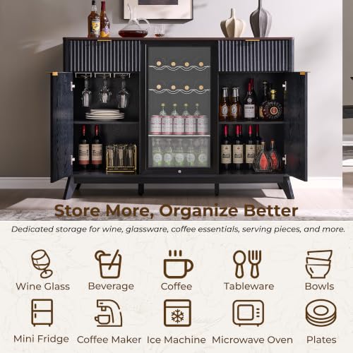 OKD 60" Fluted Coffee Bar Cabinet with Mini Fridge Space, Black and Walnut | Mini Fridge Compatible, Built In Charging Station, 3 Stemware Racks, 2 Drawers, 2 Cabinets, Home Bar Cabinet Storage - color: Black and Walnut