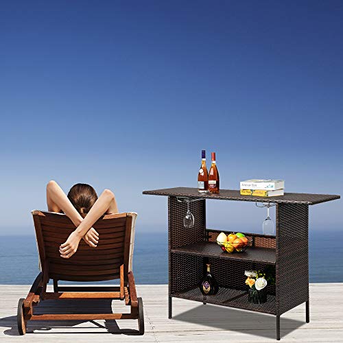 54.7" Patio Wicker Sideboard Buffet Cabinet Prep Table,All Weather Patio Rattan Wicker Bar Table,Outdoor Patio Bar Table,with Storage Shelves,for Party Porch Backyard Garden Poolside (Brown)