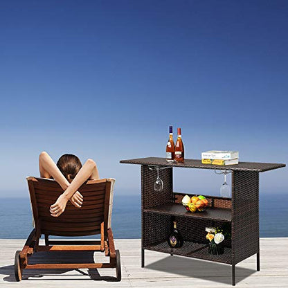 54.7" Patio Wicker Sideboard Buffet Cabinet Prep Table,All Weather Patio Rattan Wicker Bar Table,Outdoor Patio Bar Table,with Storage Shelves,for Party Porch Backyard Garden Poolside (Brown)