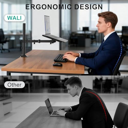 WALI Laptop Desk Mount for 17 inch Notebook, Adjustable Single Monitor Arm with Laptop Holder for 32 inch Screen, Laptops Stand with Ventilated Tray, Up to 22 lbs, (M00LP), Black - size: Single, style: Adjustable Desk Mount