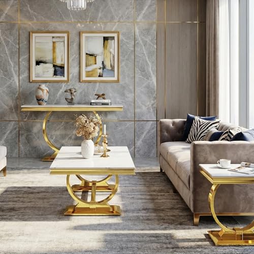 Asday Gold End Side Table, White Side Table for Living Room, Bedroom, Stable End Table with U-Shaped Polished Gold Base and Square Bottom Plate - color: White, size: Set of 1