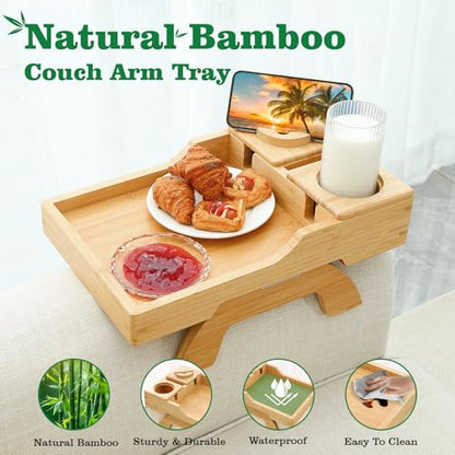 GHKINMAL Bamboo Couch Cup Holder, 4 in 1 Couch Arm Trays with 360°Rotated Phone Holder, Non-Slip Clip on Side Table for Drinks/Remote/Snacks, Ideal Gift for Husband, Wife, Parents - color: Natural Bamboo