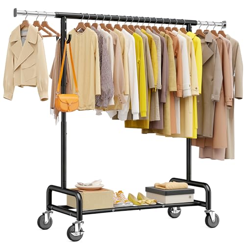Raybee 75"W Heavy Duty Clothes Rack 450 LBS Rolling Garment Rack with Shelf | Expandable, Height Adjustable, Tool-free Assembly, 360° Lockable Wheels, Rolling Clothing Rack for Bedroom Laundry Room - color: Black, style: Rod Shelf