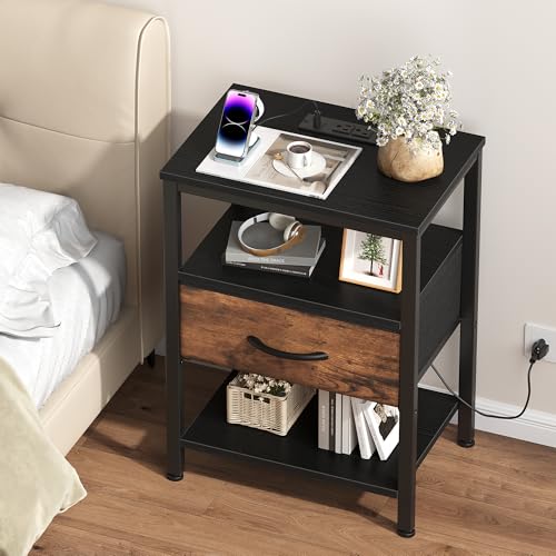 DUMOS Nightstand with Charging Station, Bedside Table with 1 USB-A, 1 USB-C & 2 AC Outlets, Fabric Drawer with Adjustable Open Shelf, Compact End Table for Bedroom, Black & Brown - color: Black and Brown, size: 15.7"Dx11.8"Wx23.4"H(1 Drawer, 1 Pack)