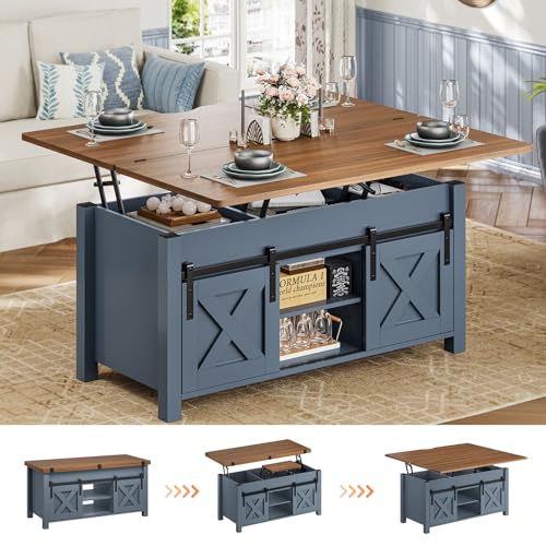 SEDETA Farmhouse Lift Top Coffee Table with Storage and Hidden Compartment | 4 in 1 Multi-Function Convertible Coffee Tables Converts to Dining Table for Small Living Room, Blue - color: Blue, size: 39.3"D x 39.3"W