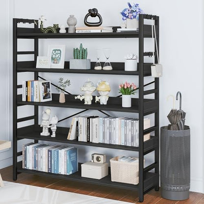 HCHQHS 5 Tier Bookshelf, Adjustable Industrial Bookcase, Vertical Tall Book Shelf, Wood and Black Metal Open Bookshelves for Home Office, Living Room, Bedroom - color: Black, size: 5-Tier (47"W x 57"H)