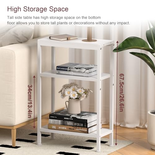 Narrow Side Table for Small Space, 3 Tier Slim End Table, Thin Nightstand, Skinny Snack Couch Table, Sofa Bedside Table, Tall Plant Stand in Living Room, Bedroom, Study, Kitchen and Balcony (White) - color: White, size: 3-Tier (7.9''D*17''W*26.6''H)