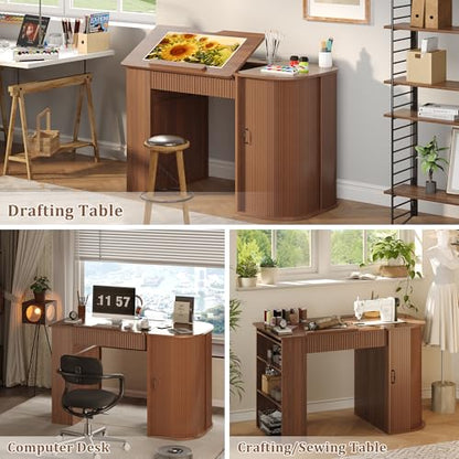 Drafting Table with Storage Cabinet & Drawers, Adjustable Drawing Table with Open Shelves, Crafting Table Art Desk for Home Office, Reading, Writing, Crafting, Painting - color: Walnut