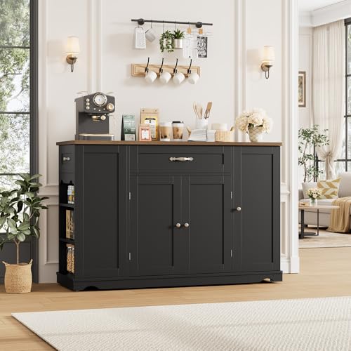 HOSTACK Kitchen Island Cart with Storage, 47'' Kitchen Storage Island on Wheels with 2 Drawers, Rolling Island Table with Adjustable Shelves, Mobile Buffet Sideboard Cabinet for Dining Room, Black - style: Black + Rustic Brown