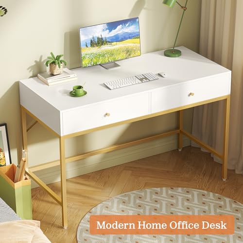 SUPERJARE Vanity Desk with Drawers, 47 inch Computer Desk, Modern Simple Home Office Desks, Makeup Dressing Table for Bedroom - White and Gold - color: White and Gold, size: 47 inch