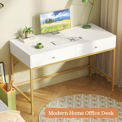 SUPERJARE Vanity Desk with Drawers, 47 inch Computer Desk, Modern Simple Home Office Desks, Makeup Dressing Table for Bedroom - White and Gold - color: White and Gold, size: 47 inch