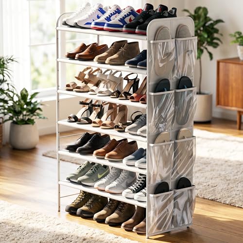 Simple Houseware 6-Tier Shoe Rack Storage Organizer w/Side Hanging Bag, White - color: White