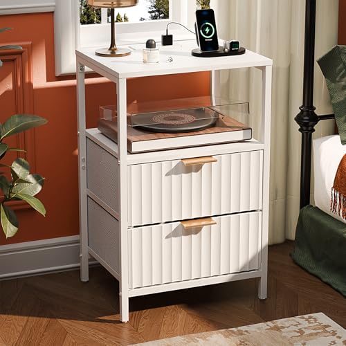 VINGLI White Nightstand with Charging Station and Fabric Drawers, Fluted Nightstand with Drawers, White Side Table/Night Stand with Charging Station for Bedroom, Dorm, 14.96" W*11.81" D*23.78" H - color: White, size: 15"W-2 Drawer 1 Shelf