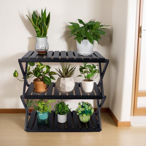 3-Tier Foldable Acacia Wood Ladder Plant Stand & Corner Rack Black | 4-tier indoor & outdoor wooden plant ladder, foldable corner design, tall plant rack, perfect for office, balcony & garden