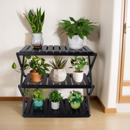 3-Tier Foldable Acacia Wood Ladder Plant Stand & Corner Rack Black | 4-tier indoor & outdoor wooden plant ladder, foldable corner design, tall plant rack, perfect for office, balcony & garden